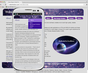 Responsive Web design example 1 shows the same web page on a mobile phone and on a desktop computer